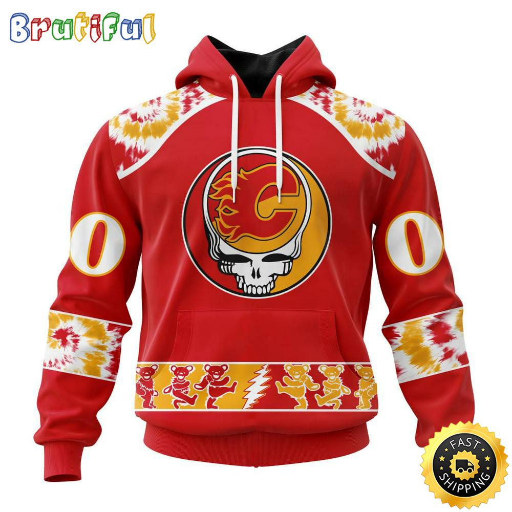 Customized NHL Calgary Flames Hoodie Special Grateful Dead Skull All Over Print 3D Hoodie Unisex Hoodie Tshirt