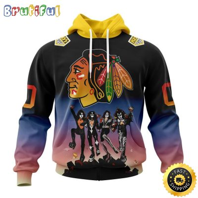 Customized NHL Chicago Blackhawks Hoodie X KISS Band Design All Over Print 3D Hoodie Unisex Hoodie Tshirt