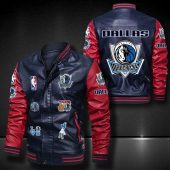 NBA Dallas Mavericks Navy Blue Red Logo Team Leather Bomber Jacket