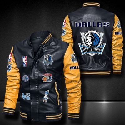 NBA Dallas Mavericks Black Yellow Logo Team Leather Bomber Jacket
