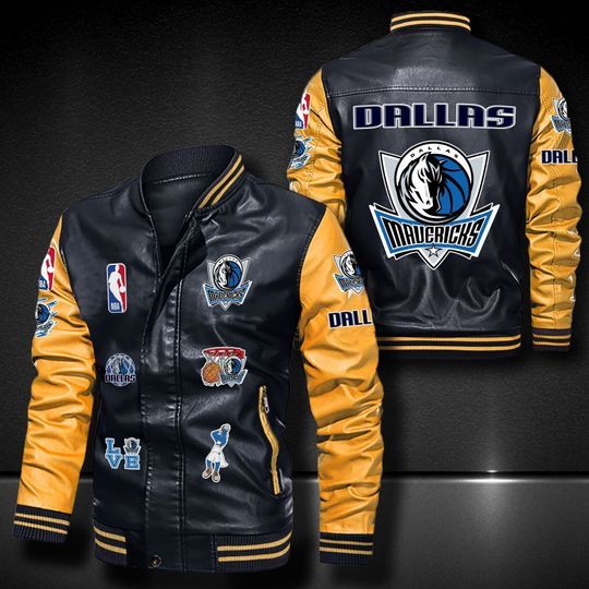 NBA Dallas Mavericks Black Yellow Logo Team Leather Bomber Jacket NBA Dallas Mavericks Black Yellow Logo Team Leather Bomber Jacket