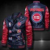 NBA Detroit Pistons Navy Red Logo Team Leather Bomber Jacket