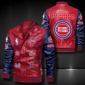 NBA Detroit Pistons Red Navy Logo Team Leather Bomber Jacket