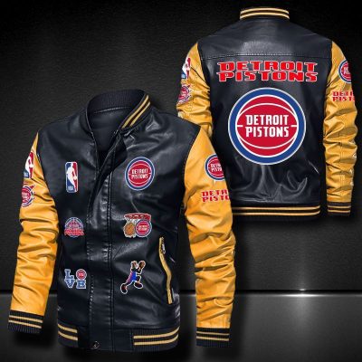 NBA Detroit Pistons Black Yellow Leather Bomber Jacket
