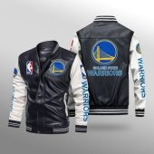 NBA Golden State Warriors Black White Leather Bomber Jacket