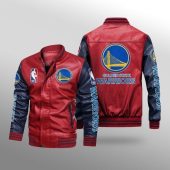 NBA Golden State Warriors Red Navy Blue Leather Bomber Jacket