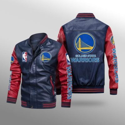 NBA Golden State Warriors Navy Blue Red Leather Bomber Jacket
