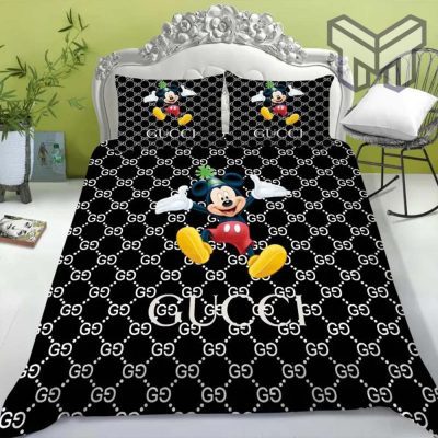 Gucci Bedding Set, Gucci Mickey Black Logo New Luxury Brand Bedding Set Bedspread Duvet Cover Set Home Decor
