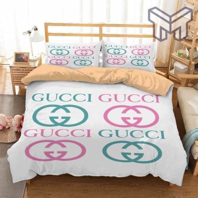 Gucci Bedding Set, Gucci White Color Fashion Luxury Brand Bedding Set Home Decor