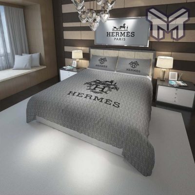 Hermes Bedding Set, Hermes Paris Logo Grey Fashion Luxury Brand Premium Bedding Set Home Decor
