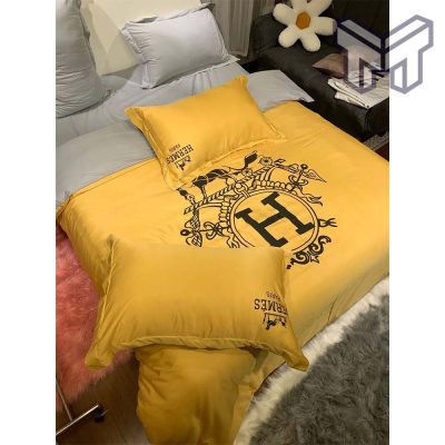 Hermes Bedding Set, Hermes Paris Yellow Luxury Brand Bedding Set Bedspread Duvet Cover Set Home Decor