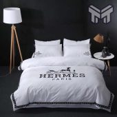 Hermes Bedding Set, Hermes White Luxury Brand Bedding Set, Bedspread, Duvet Cover Set, Home Decor