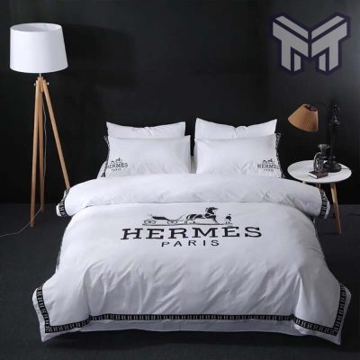 Hermes Bedding Set, Hermes White Luxury Brand Bedding Set, Bedspread, Duvet Cover Set, Home Decor