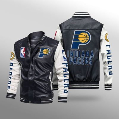 NBA Indiana Pacers Black White Leather Bomber Jacket