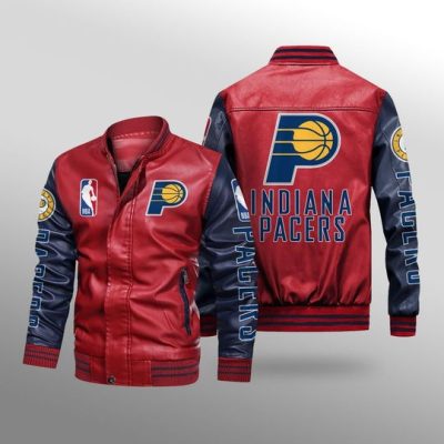 NBA Indiana Pacers Red Navy Leather Bomber Jacket