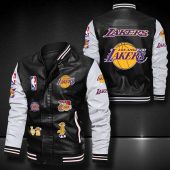 NBA Los Angeles Lakers Black White Logo Team Leather Bomber Jacket