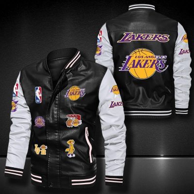 NBA Los Angeles Lakers Black White Logo Team Leather Bomber Jacket