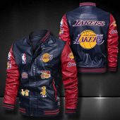 NBA Los Angeles Lakers Navy Blue Red Logo Team Leather Bomber Jacket