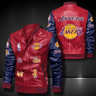 NBA Los Angeles Lakers Red Navy Blue Logo Team Leather Bomber Jacket