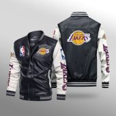 NBA Los Angeles Lakers Black White Leather Bomber Jacket