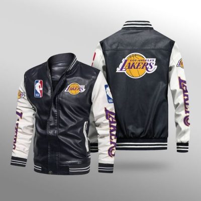 NBA Los Angeles Lakers Black White Leather Bomber Jacket