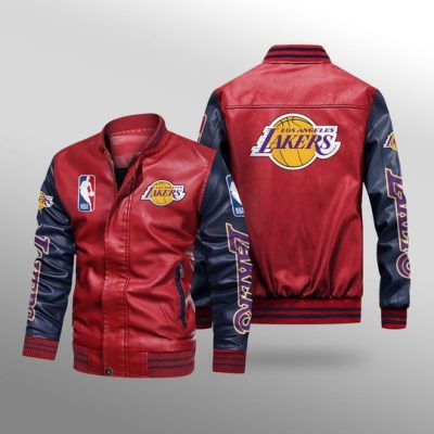 NBA Los Angeles Lakers Red Navy Blue Leather Bomber Jacket
