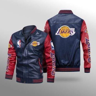 NBA Los Angeles Lakers Navy Blue Red Leather Bomber Jacket
