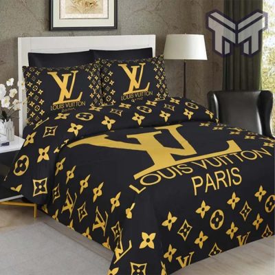 Louis Vuitton Bedding Set, Louis Vuiton Black Golden Paris Logo, Luxury Brand Bedding Set, Home Decor