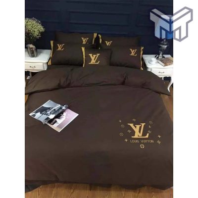 Louis Vuitton Bedding Set, Louis Vuitton Basic Golden Logo Brown Luxury Brand Bedding Set, Duvet Cover Home Decor