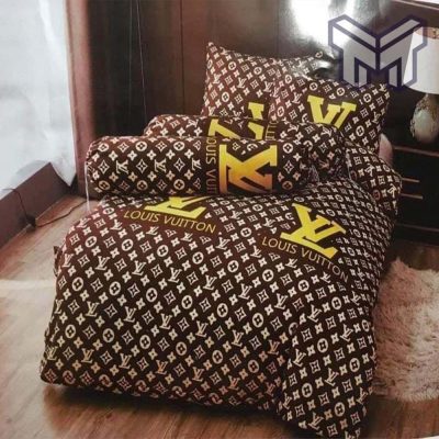 Louis Vuitton Bedding Set, Louis Vuitton Brown Golden Logo Bedding Set, Home Decor