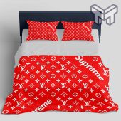 Louis Vuitton Supreme Red Logo Fashion Luxury Brand Bedding Set Home Decor