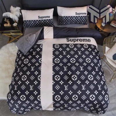 Louis Vuitton Supreme White Logo Black Luxury Brand Premium Bedding Set Duvet Cover Home Decor
