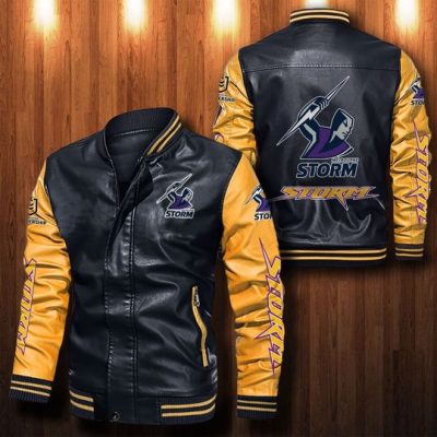 NRL Melbourne Storm Black Yellow Leather Bomber Jacket