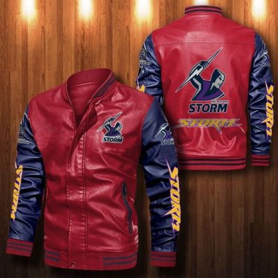 NRL Melbourne Storm Red Navy Blue Leather Bomber Jacket