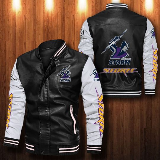 NRL Melbourne Storm Black White Leather Bomber Jacket NRL Melbourne Storm Black White Leather Bomber Jacket