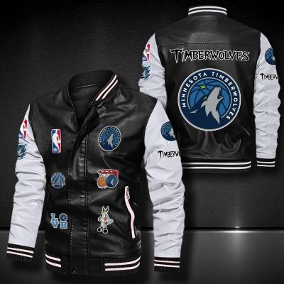 NBA Minnesota Timberwolves Black White Logo Team Leather Bomber Jacket