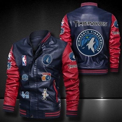 NBA Minnesota Timberwolves Navy Red Logo Team Leather Bomber Jacket