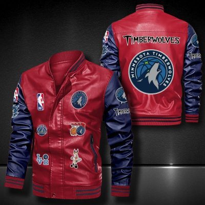 NBA Minnesota Timberwolves Red Navy Logo Team Leather Bomber Jacket