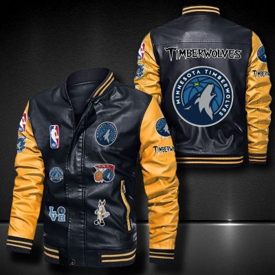 NBA Minnesota Timberwolves Black Yellow Logo Team Leather Bomber Jacket