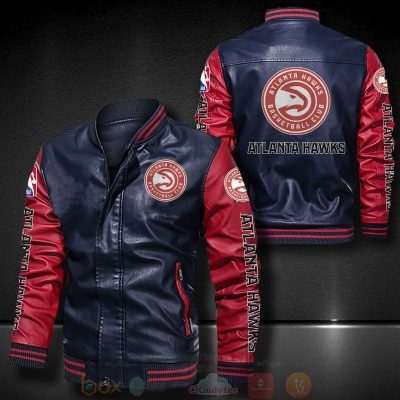 NBA Atlanta Hawks Navy Blue Red Leather Bomber Jacket