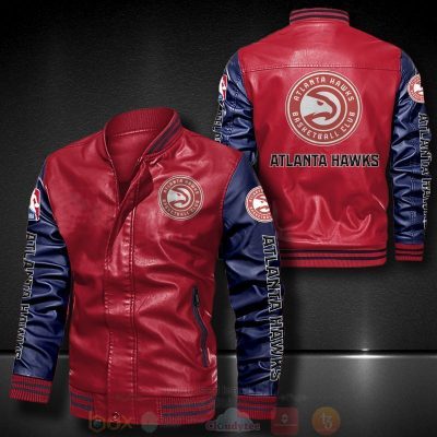 NBA Atlanta Hawks Red Navy Blue Leather Bomber Jacket