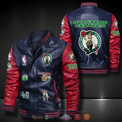 NBA Boston Celtics Navy Blue Red Leather Bomber Jacket
