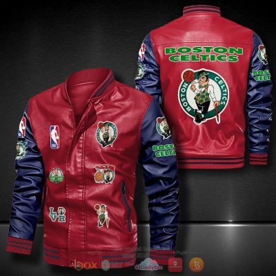 NBA Boston Celtics Red Navy Blue Leather Bomber Jacket