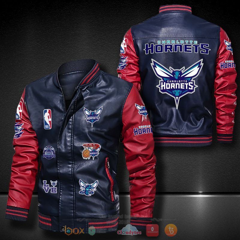 NBA Charlotte Hornets Navy Blue Red Logo Team Leather Bomber Jacket