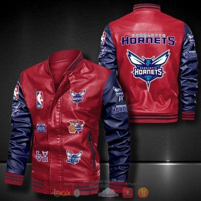 NBA Charlotte Hornets Red Navy Blue Logo Team Leather Bomber Jacket