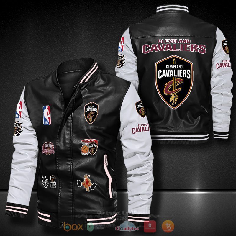 NBA Cleveland Cavaliers Black White Logo Team Leather Bomber Jacket NBA Cleveland Cavaliers Black White Logo Team Leather Bomber Jacket