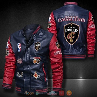 NBA Cleveland Cavaliers Navy Blue Red Logo Team Leather Bomber Jacket