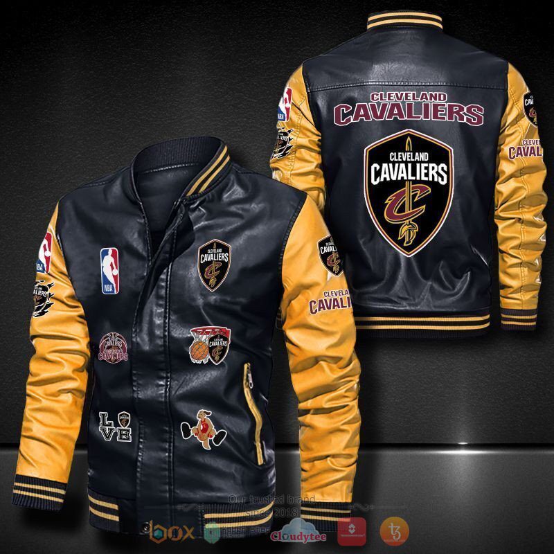 NBA Cleveland Cavaliers Black Yellow Logo Team Leather Bomber Jacket