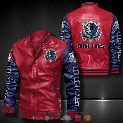 NBA Dallas Mavericks Red Navy Blue Leather Bomber Jacket