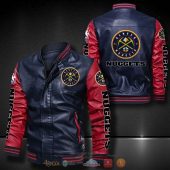 NBA Denver Nuggets Navy Blue Red Leather Bomber Jacket